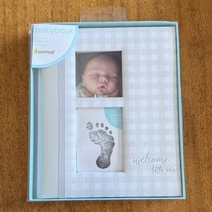 Pearhead Gingham Baby Memory Book and Clean-Touch Ink Pad, Baby Photo Album Gray